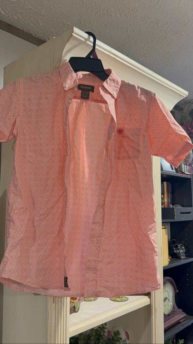 Ariat Boys XL 18 Orange Geo Print Short Sleeve Western Button Down Shirt